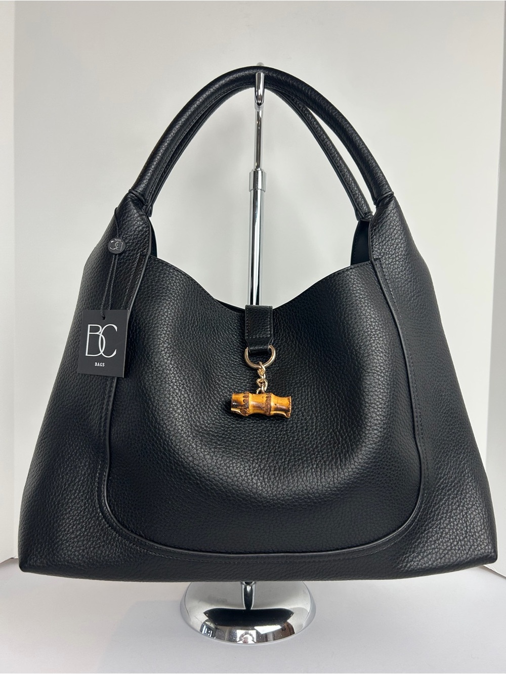BC Bags Women's Handbag Tote PU Pebbled Black Removable Pouch Double Handle NWT
